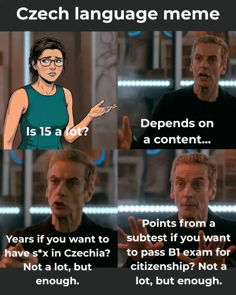 Meme comparing the significance of the number 15 in the Czech Republic. It references the legal age of consent (15 years) and the passing score for subtests in the B1 Czech Citizenship Exam (15 points).