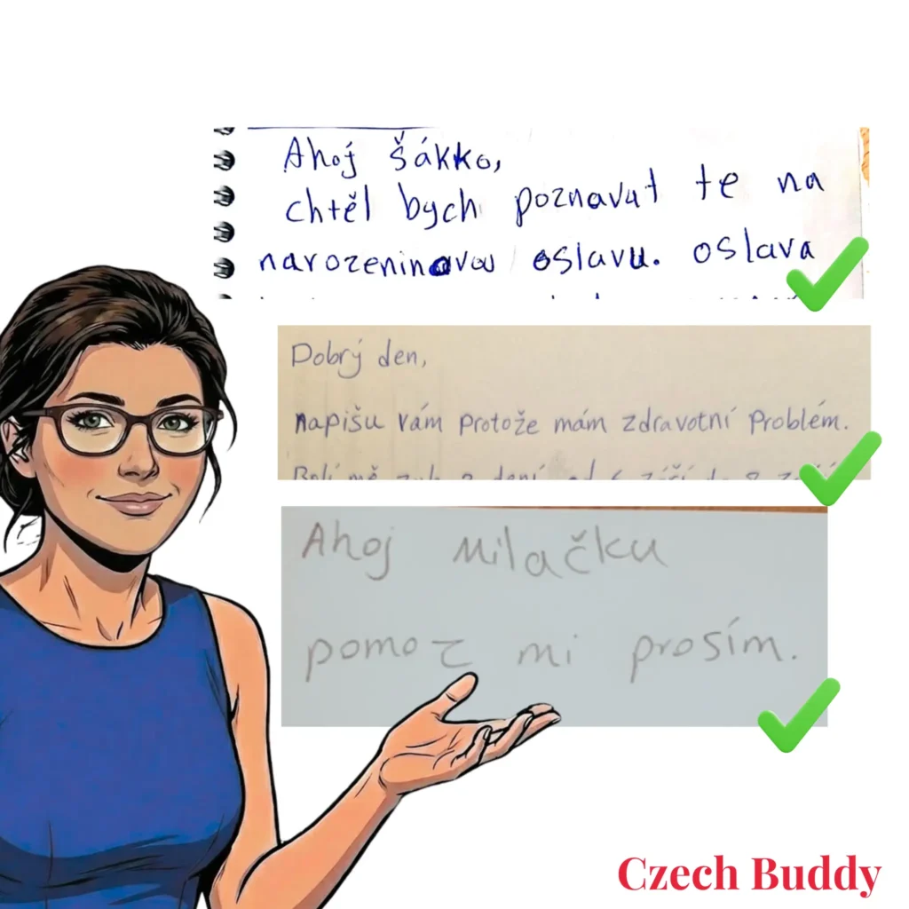 Grafika s nápisem 'Czech Buddy' zobrazuje kreslenou postavu ženy s přátelským a povzbudivým úsměvem. Žena dlaní ukazuje na tři ukázky ručně psaného textu v češtině, které představují různé typy zpráv (pozvání na oslavu, omluva ze zdravotních důvodů, prosba o pomoc). U každého textu je velká zelená 'fajfka' (odškrtnutí), což značí, že i přes drobné nedokonalosti jsou tyto texty správné a v pořádku pro splnění úkolu.