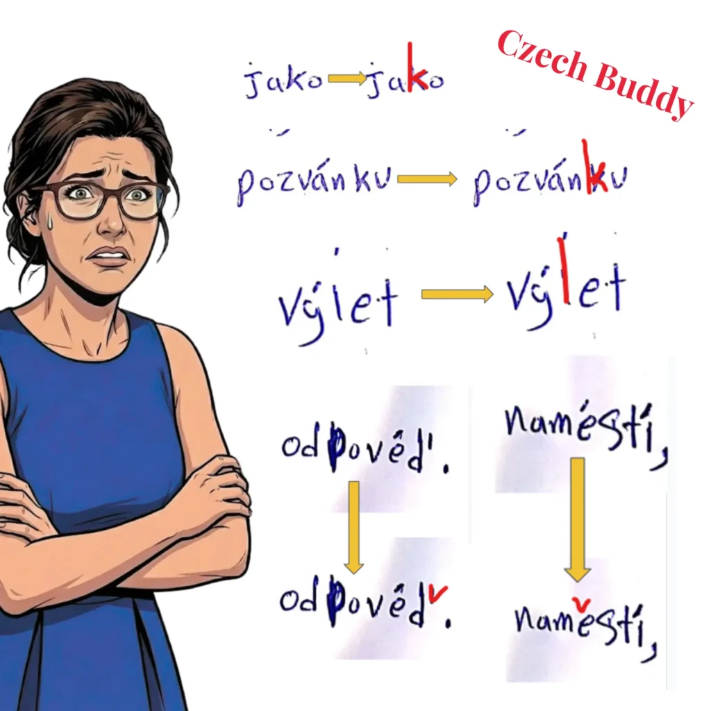 A comic book style illustration titled 'Czech Buddy' shows a woman with a distressed, sweating expression and crossed arms, looking at examples of Czech grammar mistakes and their corrections - one of the main mistakes in writing in A2 exam.