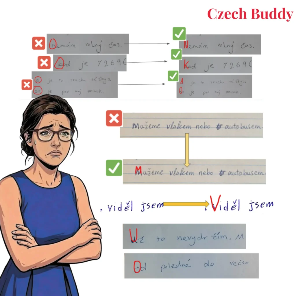 Grafika s titulkem 'Czech Buddy' ukazuje kreslenou postavu ženy s ustaraným výrazem a zkříženýma rukama, jak sleduje příklady oprav špatného zápisu velkých písmen na začátku vět. Obrázek se zaměřuje na nutnost psaní velkých písmen na začátku věty. Jsou zde vyobrazeny ručně psané věty s chybami a jejich správné opravy s velkým počátečním písmenem, které jsou barevně zvýrazněny.