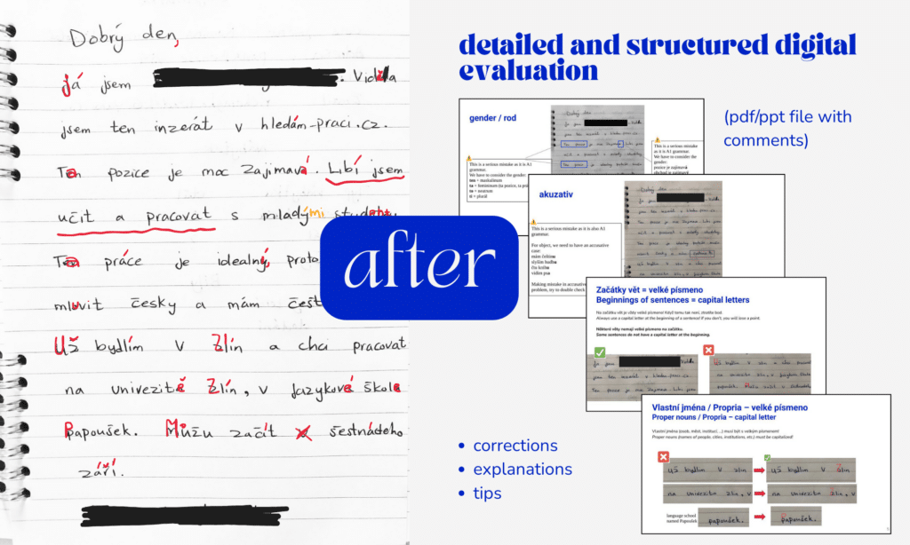 example of student's writing exam A2 for residence, the feedback from Czech Buddy, professional language teacher