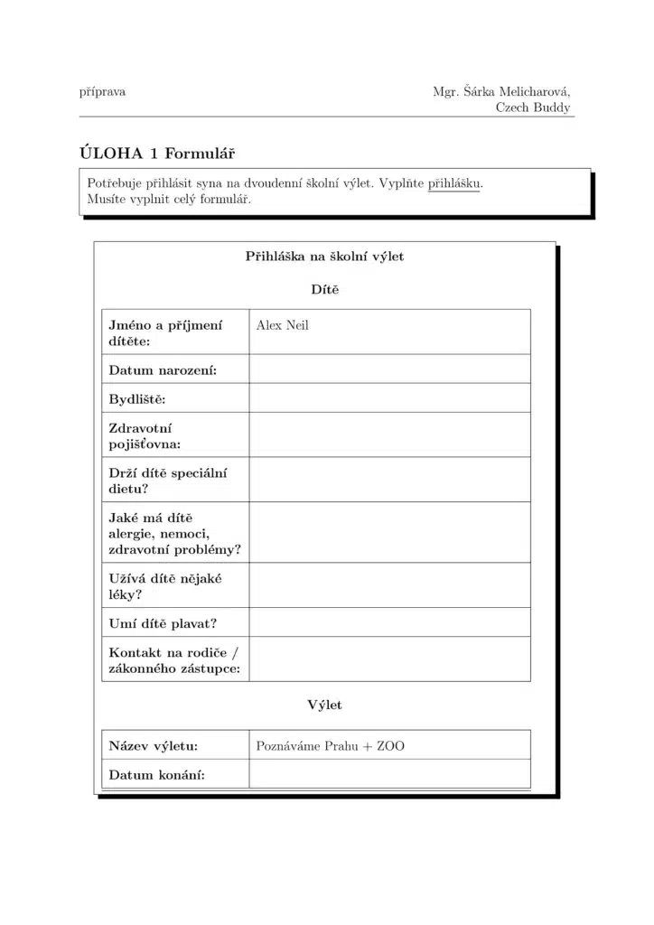 Old format of the A2 exam for permanent residence, until April 2026 – writing task 1 (form).