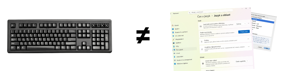 Pozor na rozdíl mezi fyzickou a softwarovou klávesnicí. Pro psaní v jiném jazyce vám staší klávesnici softwarově přepnout.